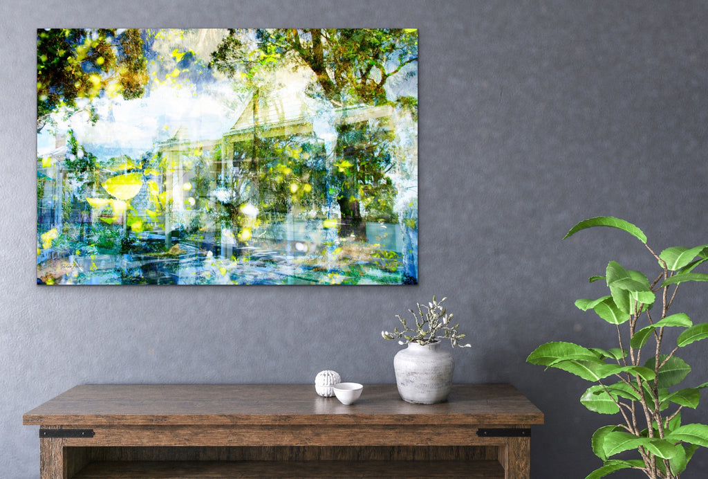 Glisten – Australian nature landscape by Durham J White. Sunlight catching lime and yellow leaves with a heritage cottage dissolving into a luminous layered photographic composition. Medium sized feature fine art canvas on a modern grey wall