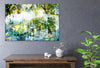 Glisten – Australian nature landscape by Durham J White. Sunlight catching lime and yellow leaves with a heritage cottage dissolving into a luminous layered photographic composition. Medium sized feature fine art canvas on a modern grey wall