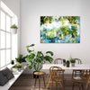 Glisten – Australian nature landscape by Durham J White. Sunlight catching lime and yellow leaves with a heritage cottage dissolving into a luminous layered photographic composition. Feautured in a white living interior