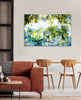 Glisten – Australian nature landscape by Durham J White. Sunlight catching lime and yellow leaves with a heritage cottage dissolving into a luminous layered photographic composition. Feautured on a wall in a minimal Scandinavian like interior