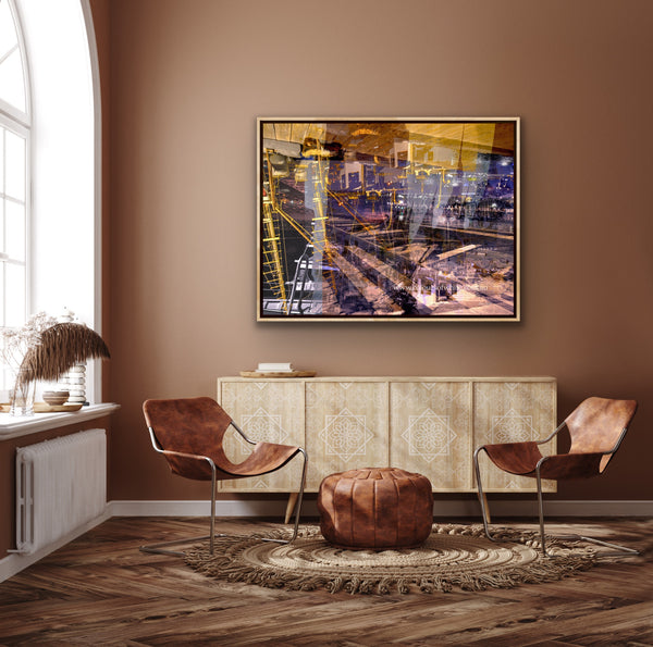 Keeping Up a Pier Glance 3 – Mornington coastal landscape by Durham J White. Earthy purple tones, sandy caramel hues and a boat loading dock and pier with a glimpse of night sky.  Featured as a box framed Chromaluxe metal in a contemporary refined mushroom brown interior
