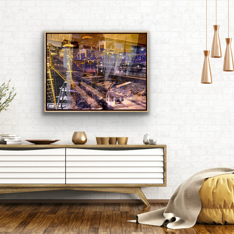 Keeping Up a Pier Glance 3 – Mornington coastal landscape by Durham J White. Earthy purple tones, sandy caramel hues and a boat loading dock and pier with a glimpse of night sky. Featured in a white open living interior