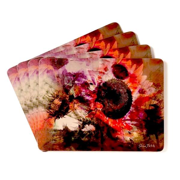 A set of placemats and coasters featuring a vibrant sunflower design with a Japanese aesthetic.