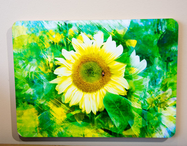A rectangular lime green wood print featuring a lemon-petal FleuroSun Ice Lady sunflower in the center with an abstract layered green background.