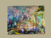 Melbourne by Day – urban landscape by Durham J White. Melbourne's iconic skyline layered in aqua, teal and electric green tones — Flinders Street Station, city towers, the Yarra and Southbank in a single luminous composition. Fine art canvas