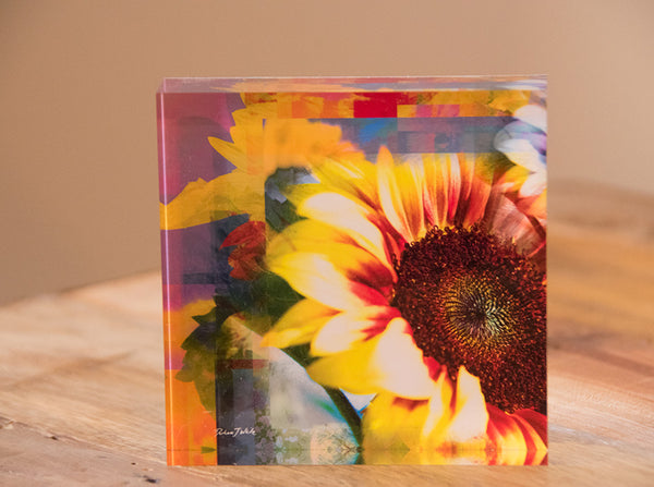 A square-shaped, free-standing decorative tile featuring a multicolored sunflower design with peach apricot and mauve accents on a wooden surface.