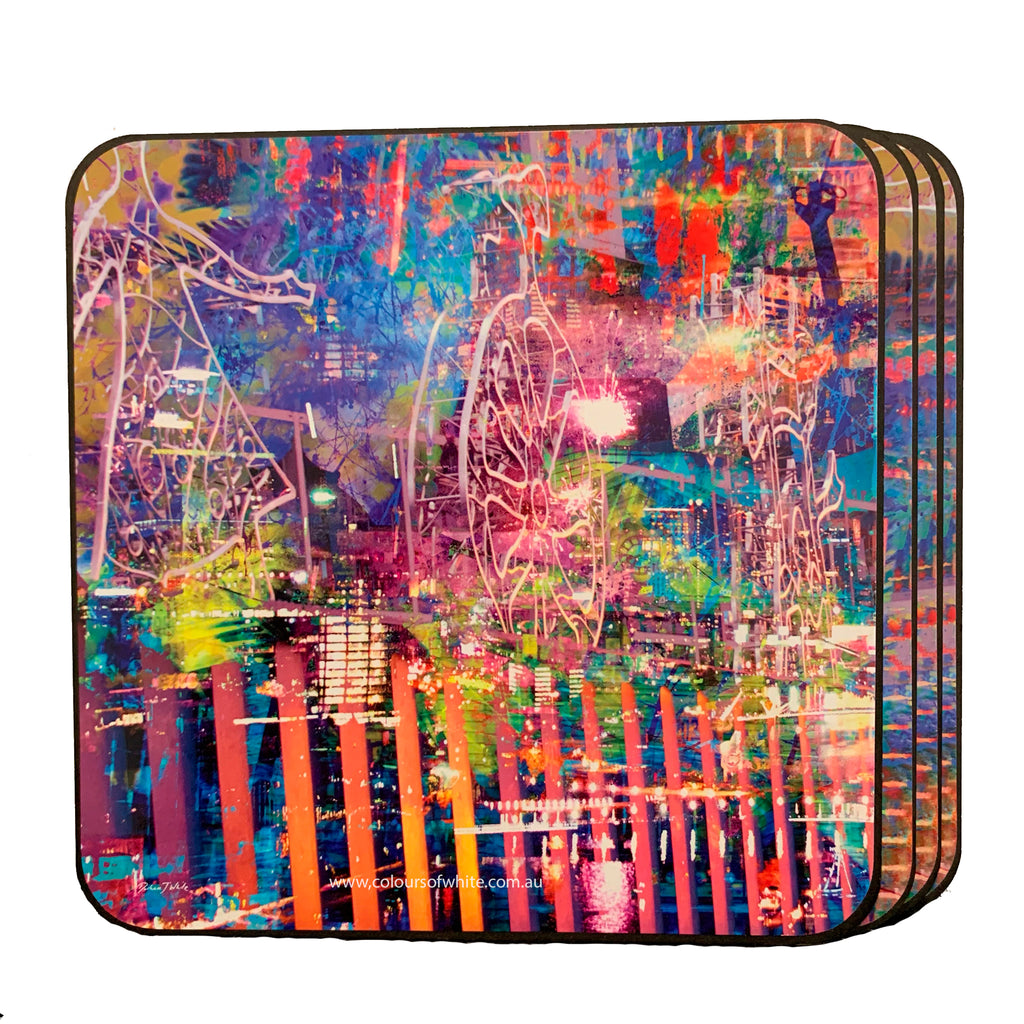 A set of four square placemats featuring a vibrant abstract design in pink, blue, and orange hues, with Melbourne's silhouette.