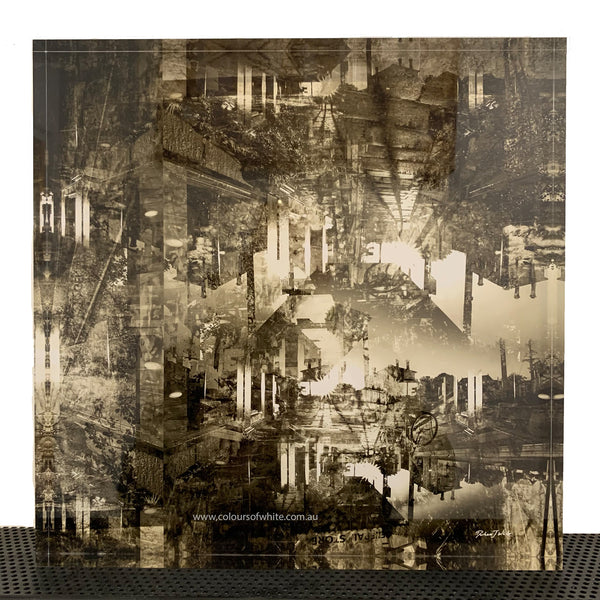 A square-shaped free standing tile in monochromatic sepia tone featuring the streetscape and buildings from the historic Piper Street, Kyneton photograph-inspired artwork in an abstract artistic format by Durham J White.