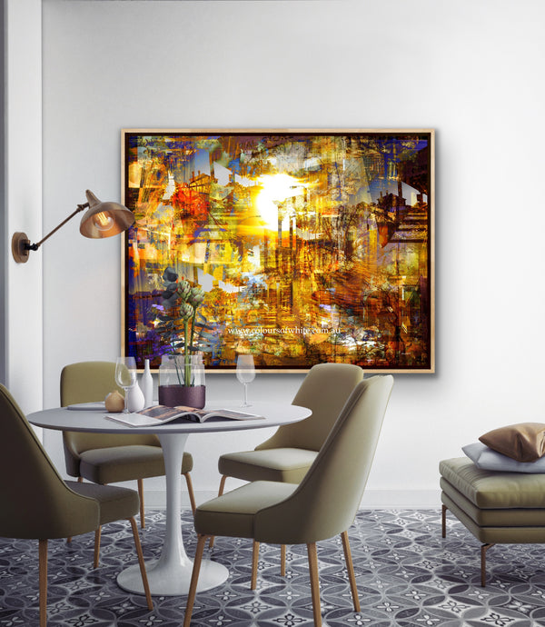 Realisation – Kyneton layered photographic landscape by Durham J White. Golden light, long shadow lines and warm amber tones moving toward a setting sun.  Set in a corporate or hotel lobby, dining room