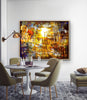 Realisation – Kyneton layered photographic landscape by Durham J White. Golden light, long shadow lines and warm amber tones moving toward a setting sun.  Set in a corporate or hotel lobby, dining room