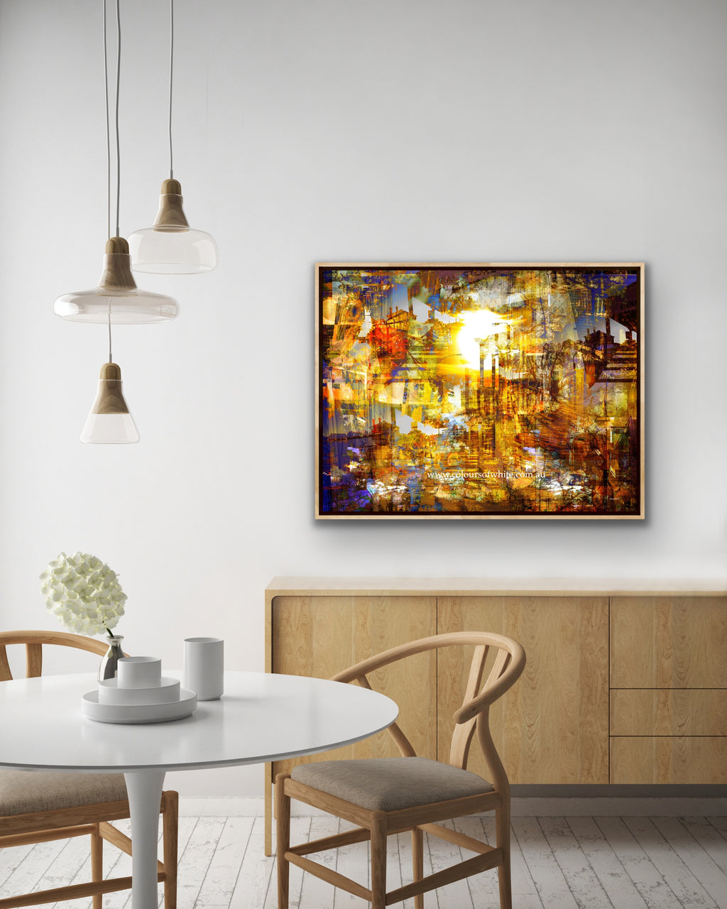 Realisation – Kyneton layered photographic landscape by Durham J White. Golden light, long shadow lines and warm amber tones moving toward a setting sun. Featured in a modern living space