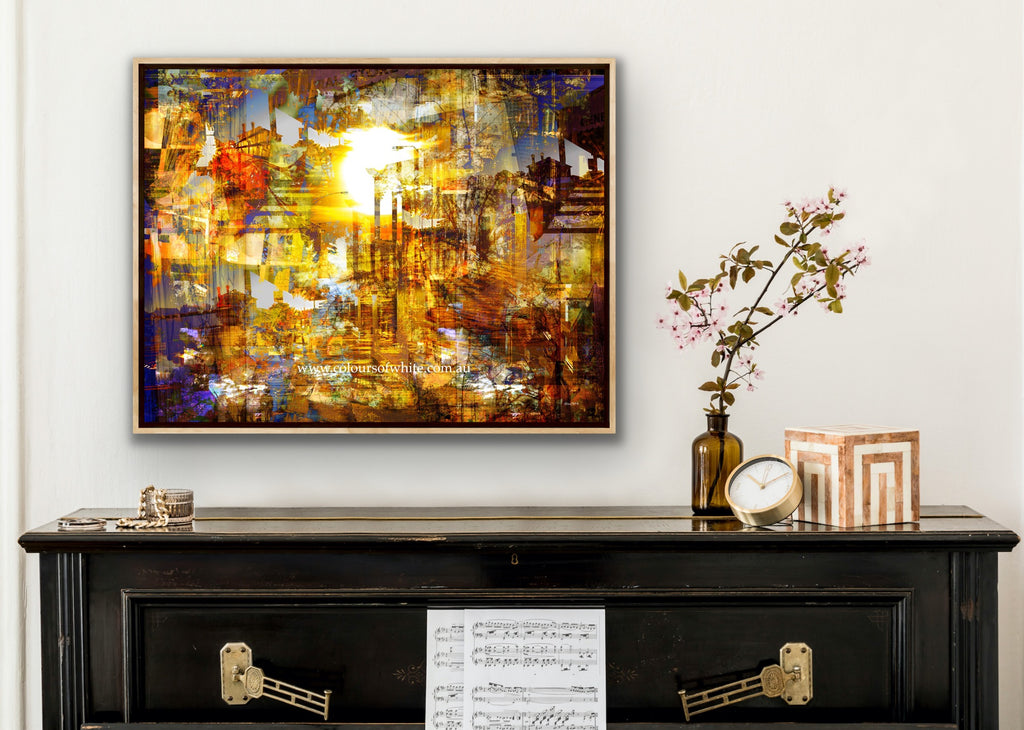 Realisation – Kyneton layered photographic landscape by Durham J White. Golden light, long shadow lines and warm amber tones moving toward a setting sun.