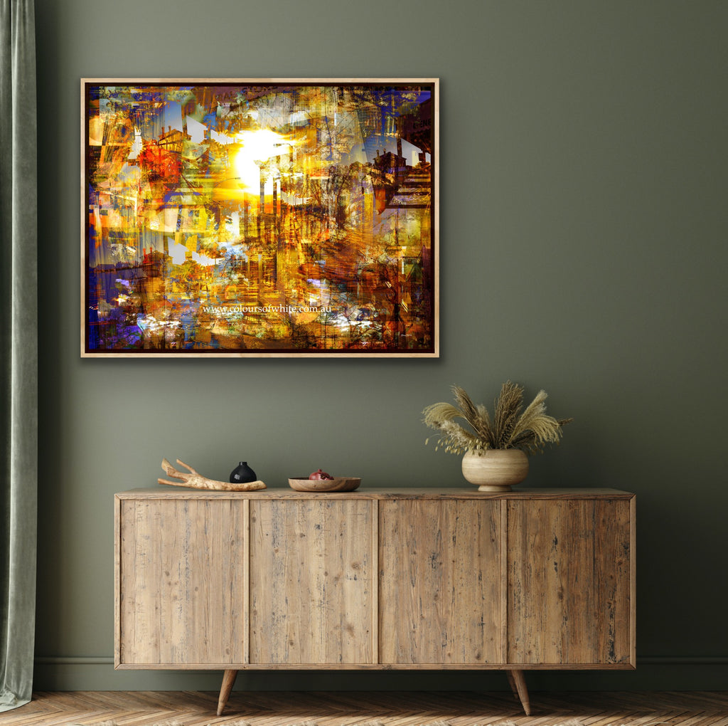 Realisation – Kyneton layered photographic landscape by Durham J White. Golden light, long shadow lines and warm amber tones moving toward a setting sun. Set in a sage green living space.