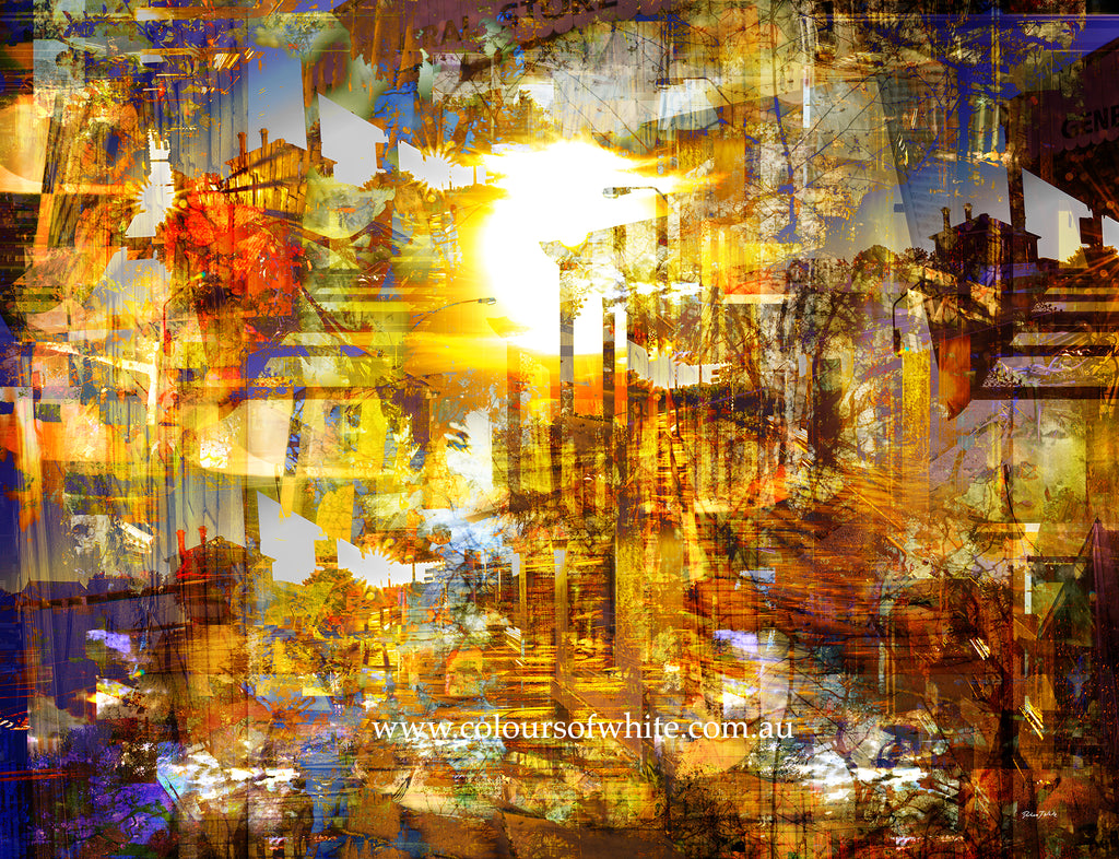 Realisation – Kyneton layered photographic landscape by Durham J White. Golden light, long shadow lines and warm amber tones moving toward a setting sun.