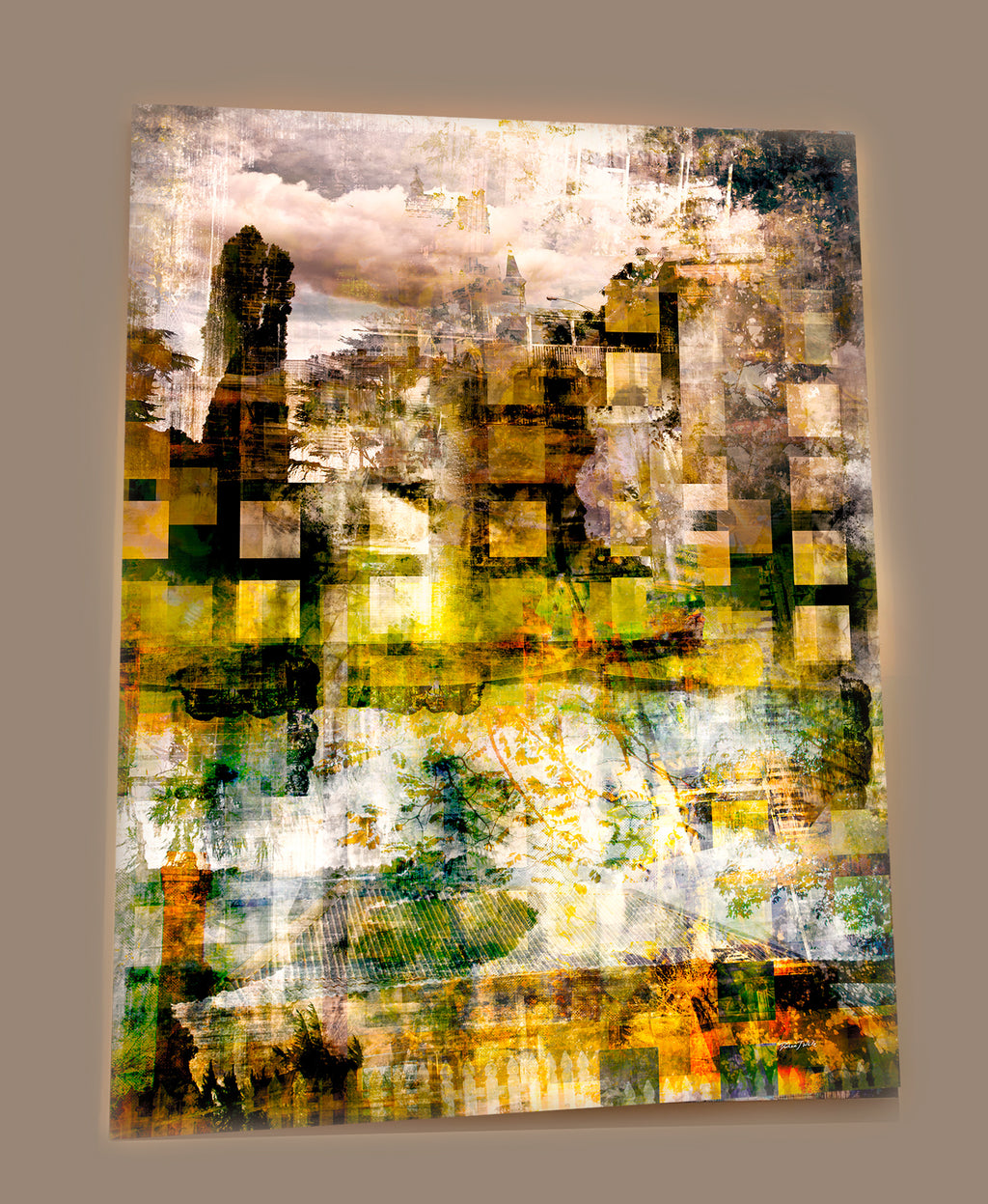 Rejuvenation – Kyneton layered photographic landscape by Durham J White. Lime and chartreuse greens with butterscotch yellows against a monochrome vintage skyline.