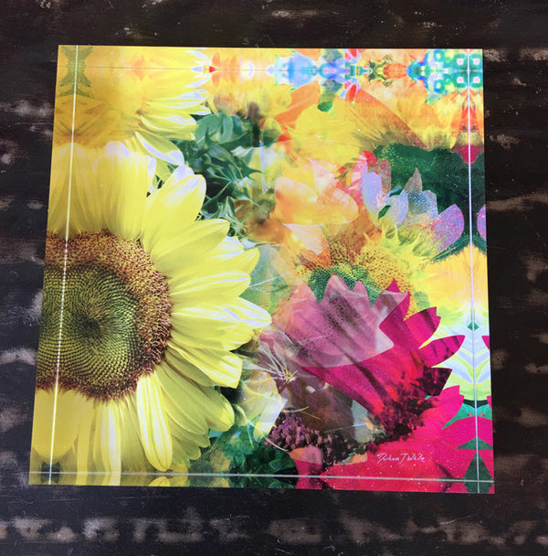 A colourful square-shaped free standing tile featuring a retro psychedelic style with sunflower flowers in vibrant colors on a yellow background.