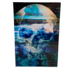 A postcard-sized tile artwork featuring a stylized skull design with a blue and black colour palette, positioned against a shipwrecked coast background.