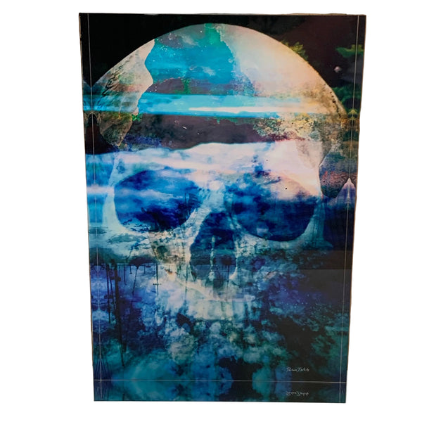 A postcard-sized tile artwork featuring a stylized skull design with a blue and black colour palette, positioned against a shipwrecked coast background.