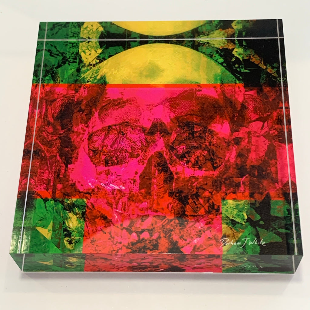 A free-standing tile featuring a neon pink and lime green color scheme with a skull design in the center.