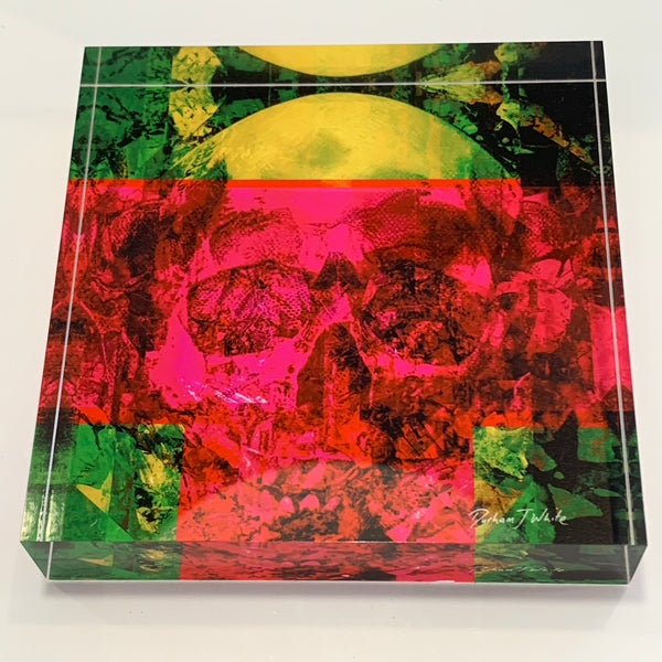 A free-standing tile featuring a neon pink and lime green color scheme with a skull design in the center.