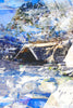 Snow Caps – Japan winter landscape by Durham J White. Snow-capped straw thatched huts in an immersive icy blue palette with warm earthy brown tones.