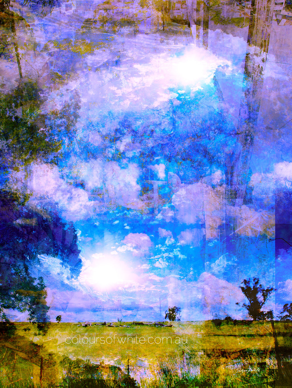 The Electric Land – layered photographic cloudscape in electric blue and white over golden Australian countryside by Durham J White