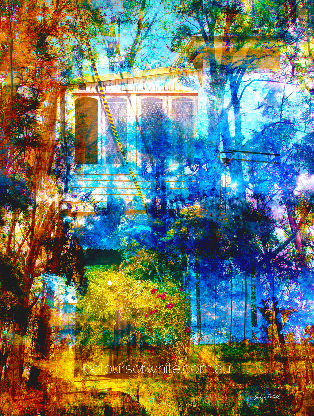 The Garden Between – layered photographic landscape with heritage cottage, russet trees and electric blue canopy by Durham J White