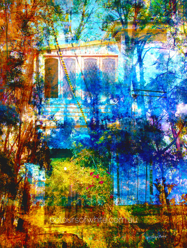The Garden Between – layered photographic landscape with heritage cottage, russet trees and electric blue canopy by Durham J White