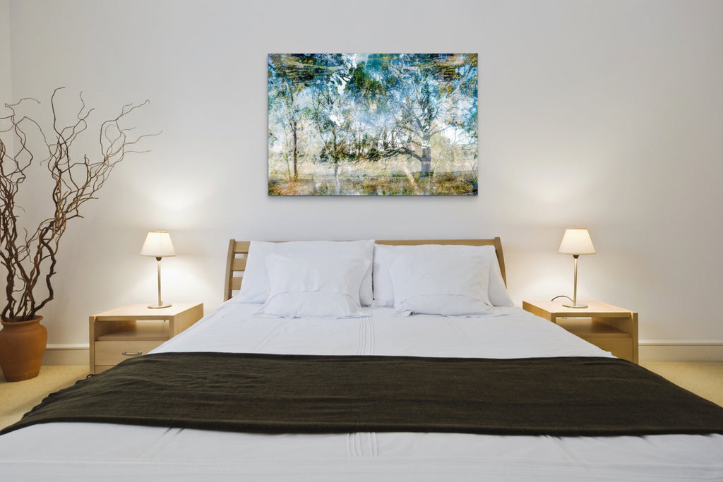 The Mystical Peace of the Land – Australian nature landscape by Durham J White. Eucalypts layered in soft blue, pale green and misty white in a serene layered photographic composition near Trentham, Victoria.  Natural bedroom setting feature wall.