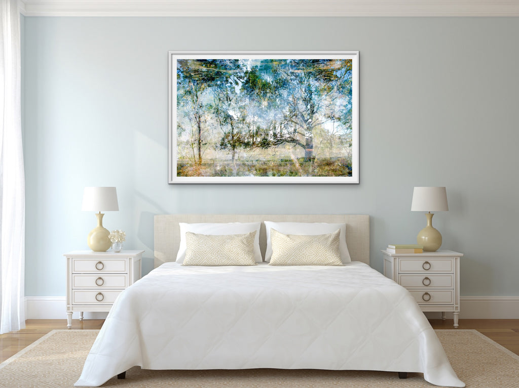 The Mystical Peace of the Land – Australian nature landscape by Durham J White. Eucalypts layered in soft blue, pale green and misty white in a serene layered photographic composition near Trentham, Victoria.