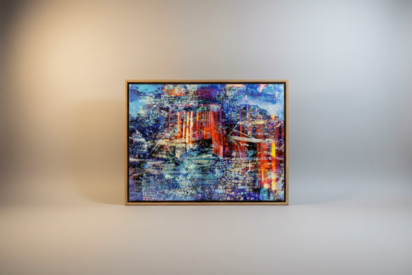 The Pathway to Heaven – Japan winter landscape by Durham J White. Vermillion torii gates rising through electric blue and cobalt in a layered photographic composition of Fushimi Inari in winter. Box Framed Canvas