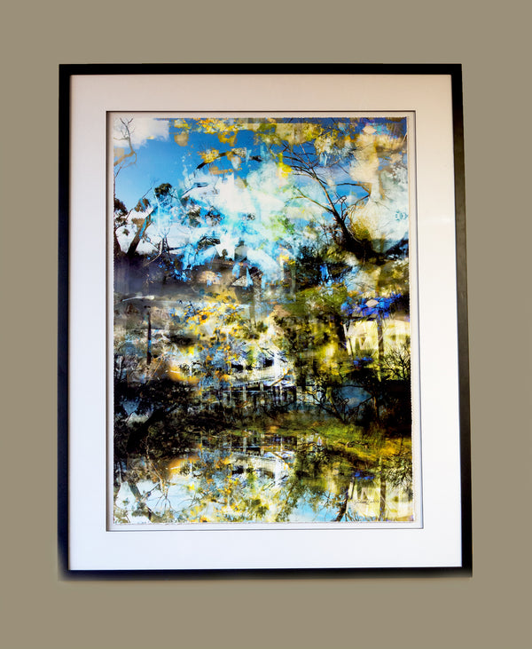 The Rise – Kyneton layered photographic landscape by Durham J White. Reflective blue tones and architectural detail of the Royal George Hotel. Glass Framed Fine Art Print