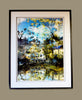 The Rise – Kyneton layered photographic landscape by Durham J White. Reflective blue tones and architectural detail of the Royal George Hotel. Glass Framed Fine Art Print
