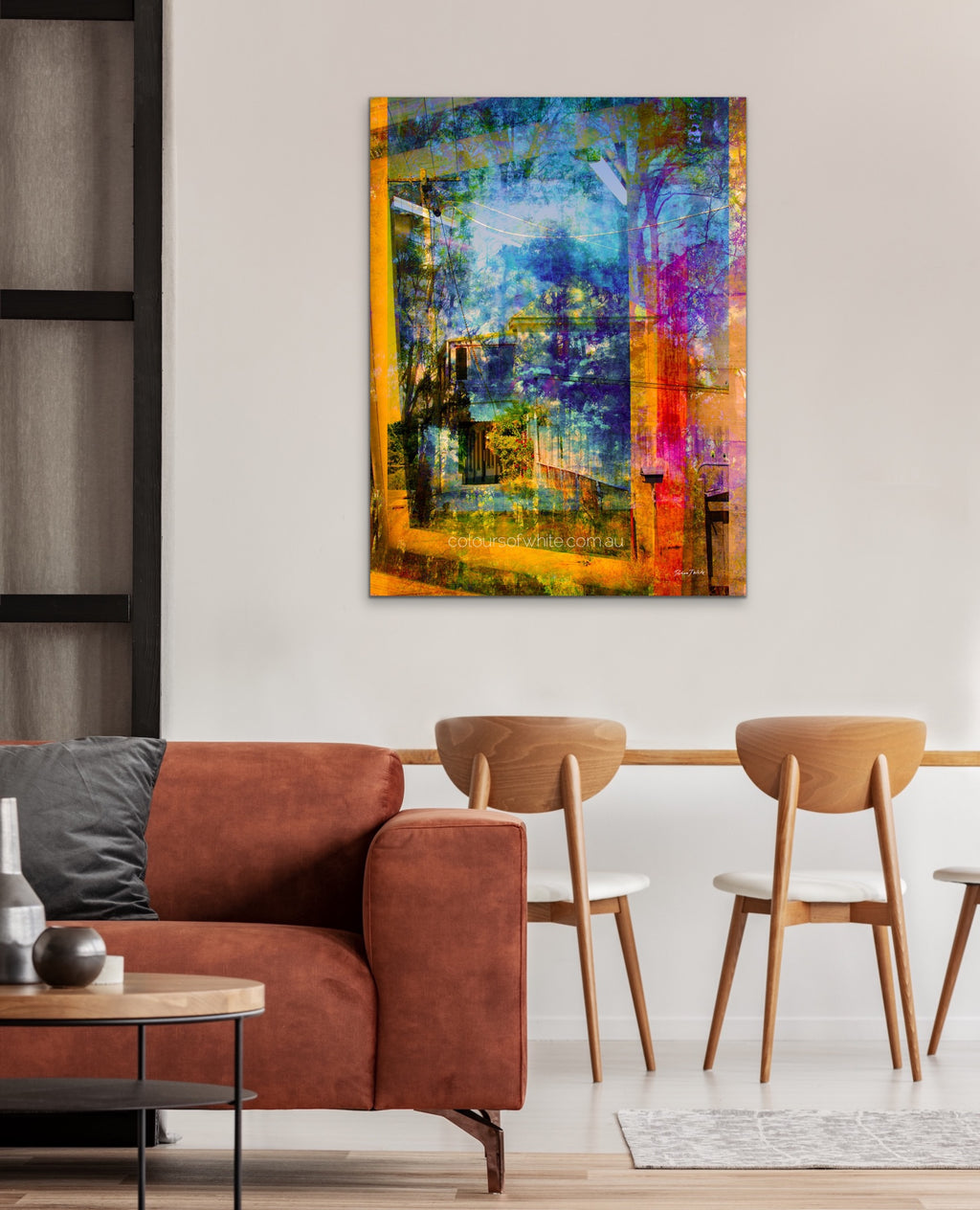 The Window Out – vivid layered photographic landscape in amber, blue and violet by Durham J White. Feature artwork in minimal interior