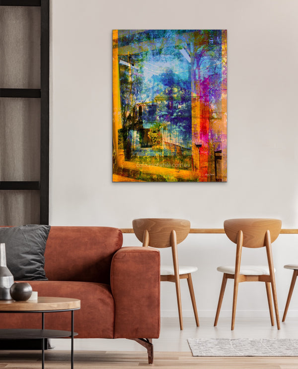 The Window Out – vivid layered photographic landscape in amber, blue and violet by Durham J White. Feature artwork in minimal interior