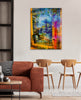 The Window Out – vivid layered photographic landscape in amber, blue and violet by Durham J White. Feature artwork in minimal interior