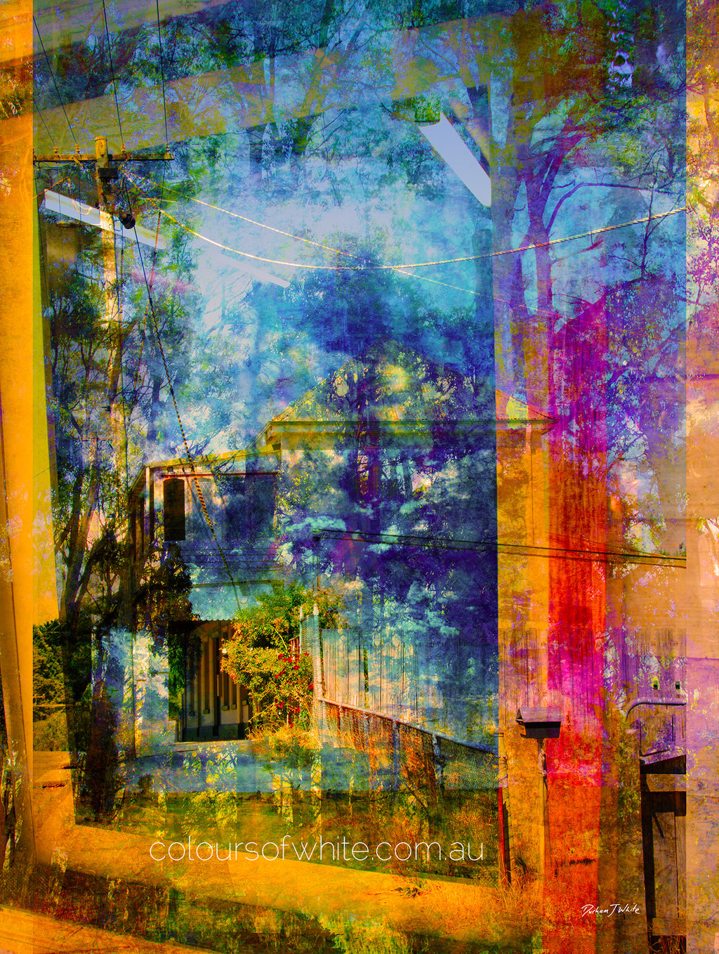 The Window Out – vivid layered photographic landscape in amber, blue and violet by Durham J White