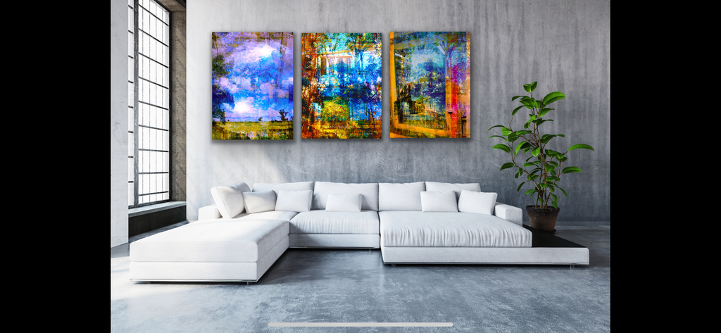 The Window Out – vivid layered photographic landscape in amber, blue and violet by Durham J White.  Triptych feature collection.