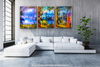 The Window Out – vivid layered photographic landscape in amber, blue and violet by Durham J White.  Triptych feature collection.