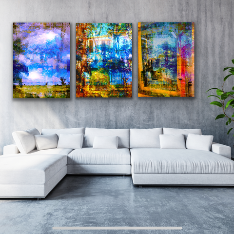 The Window Out – vivid layered photographic landscape in amber, blue and violet by Durham J White.  Triptych feature collection.