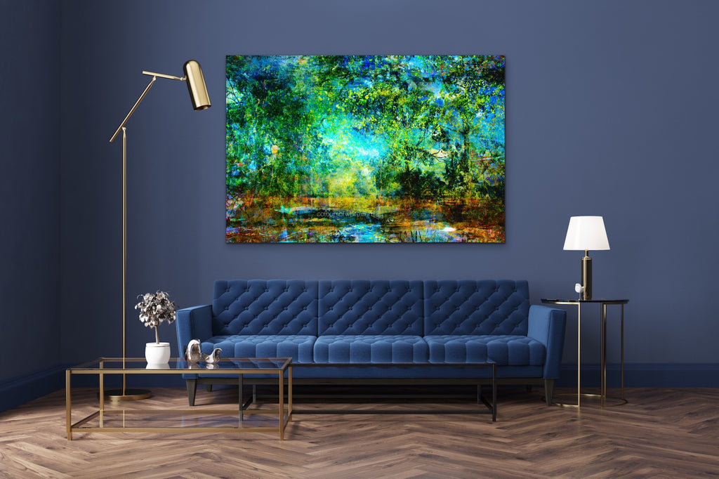 water colours touring — soft, painterly Trentham landscape in cool greens and gentle blues by Durham J White, layered photographic canvas artwork presented in a refined blue toned interior with natural timber floors.