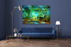 water colours touring — soft, painterly Trentham landscape in cool greens and gentle blues by Durham J White, layered photographic canvas artwork presented in a refined blue toned interior with natural timber floors.