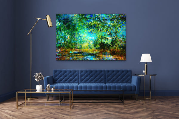 water colours touring — soft, painterly Trentham landscape in cool greens and gentle blues by Durham J White, layered photographic canvas artwork presented in a refined blue toned interior with natural timber floors.