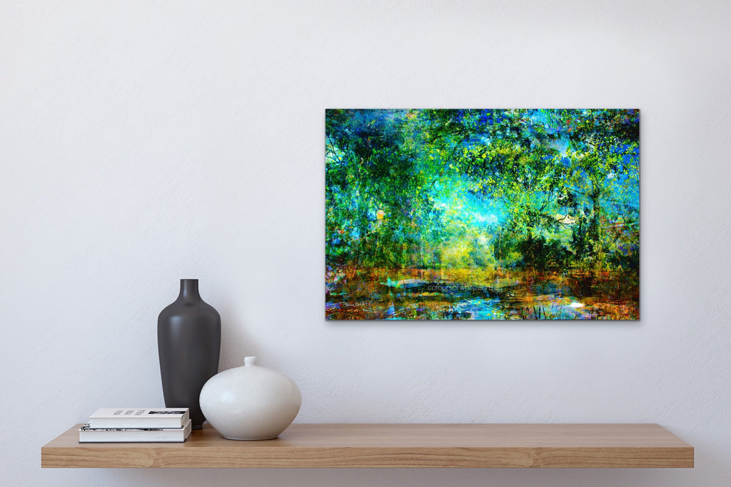 water colours touring — soft, painterly Trentham landscape in cool greens and gentle blues by Durham J White, layered photographic canvas artwork in a contemporary living space.
