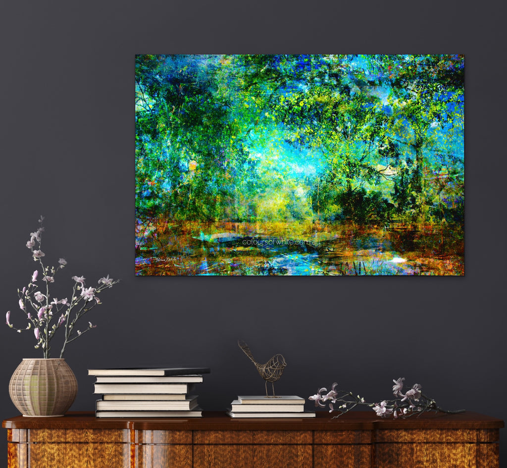 water colours touring — soft, painterly Trentham landscape in cool greens and gentle blues by Durham J White, layered photographic canvas artwork