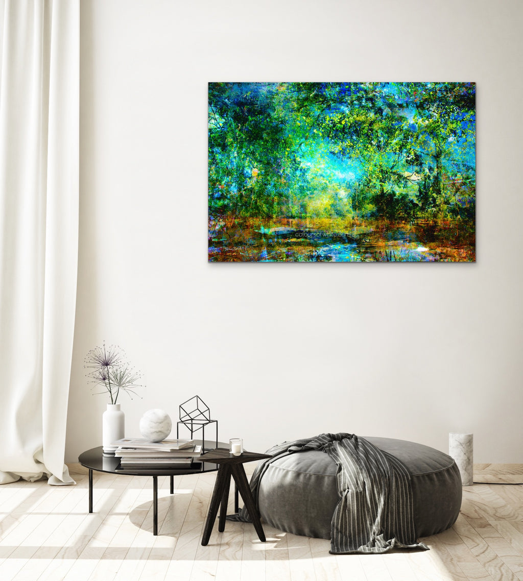 water colours touring — soft, painterly Trentham landscape in cool greens and gentle blues by Durham J White, layered photographic canvas artwork