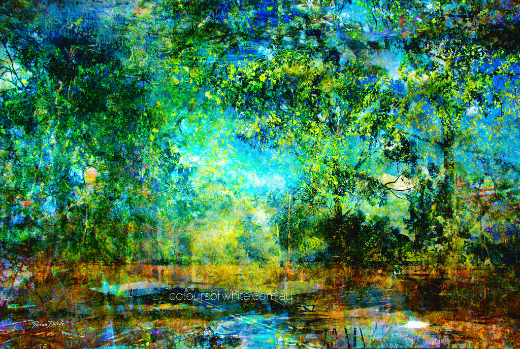 water colours touring — soft, painterly Trentham landscape in cool greens and gentle blues by Durham J White, layered photographic canvas artwork
